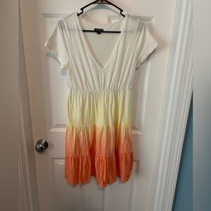Ombré Tie Dye Bohemian White Yellow Orange Tiered V-Neck Dress Medium - EUC!